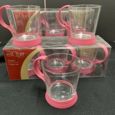 GLASS TEA CUPS WITH COLOURED HOLDER/HANDLE (SET OF 6) PINK